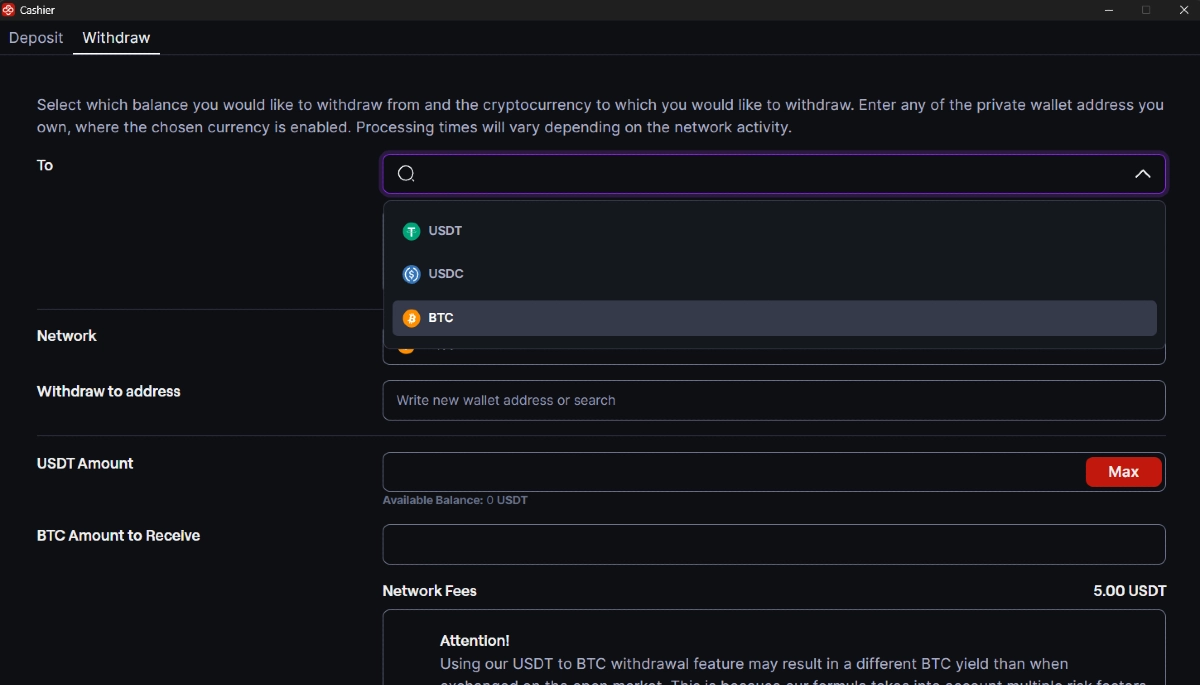 CoinPoker cashier withdrawal interface showing currency, network, receiving address and amount fields